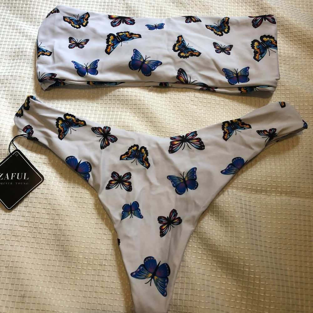 ZAFUL Butterfly Print Lace Up Bandeau Bikini